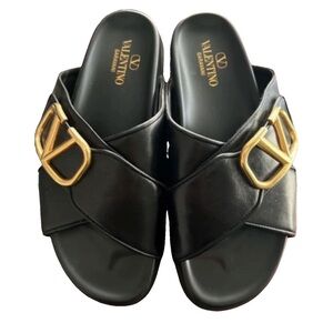Valentino Women's Black Slide Sandals with Gold Accent
